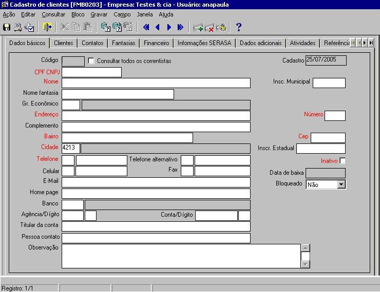 CADASTRO DO CLIENTE No menu inicial digite 203 e pressione enter. O programa 203 irá aparecer na tela. 1.Lembre-se que nos campos amarelos você poderá usar a tecla F9 para pesquisa. 2.Os requisitos em vermelho são campos obrigatórios, os pretos não.