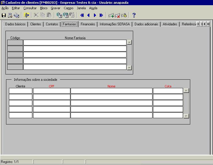 Nesta tela o usuário irá informar os dados de fantasia da empresa, se existir a parte de sociedade também poderá ser informado nesta guia. Esta tela informa o(s) nome(s) fantasia do cliente.