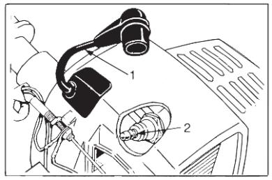 10.3- DESLIGANDO O MOTOR Desligado 2 - Mantenha o motor em lenta aliviando o gatilho do acelerador (1) e a trava do acelerador (2). - Posicione o botão do interruptor em stop.