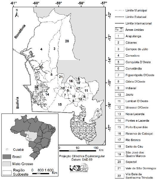 Embrapa Informática Agropecuária/INPE, p. 1050-1059 Figura 1. Área de estudo nos contextos: nacional, estadual e municipal. Fonte: Labgeo Unemat, 2018. De acordo com Mato Grosso (2012, p.