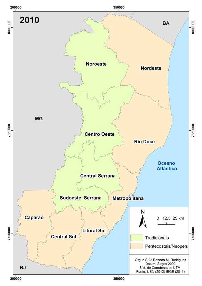 Mapa 3. Distribuição regional dos evangélicos no Espírito Santo em 2010.