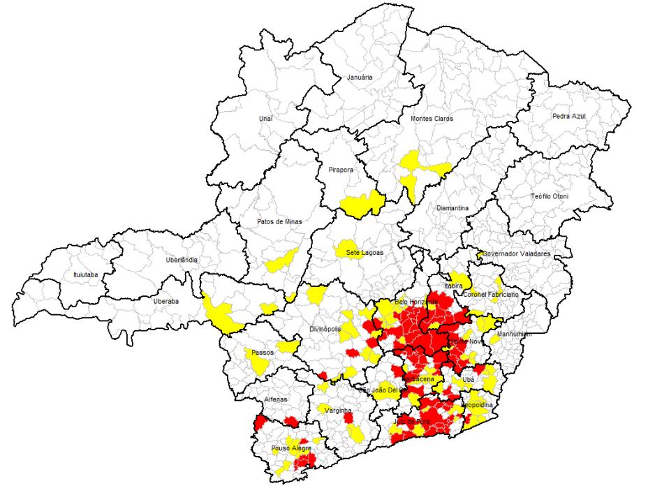 Casos confirmados (N=264) Casos em investigação (N= 589) Figura 1 Distribuição dos casos confirmados e em investigação de febre amarela silvestre, Minas Gerais, 2017/2018* Fonte: DVA/SVEAST/SES-MG