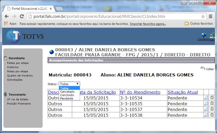 Você pode utilizar o campo STATUS para selecionar entre: apenas os requerimentos com status Pendente; ou apenas os Concluídos; ou, ainda, apenas os Cancelados; bem como Todos os seus requerimentos