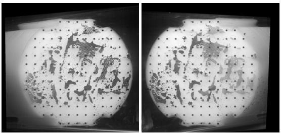 Procedimento experimental 124 Figura 6-6 Par de imagens distorcidas do alvo de calibração na posição +0,5mm, obtidas pelas câmeras da esquerda e da direita A superposição do par de imagens da Figura