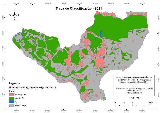 RESULTADOS E DISCUSSÃO Por meio da classificação digital foi possível analisar a distribuição espacial bem como quantificar formas de uso e cobertura da terra da Microbacia do Igarapé do Gigante.