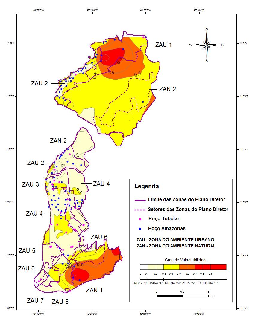 Figura 2: Vulnerabilidade de aquíferos nas diferentes zonas do zoneamento do Plano Diretor de Belém. Fonte: Autores, 2016.