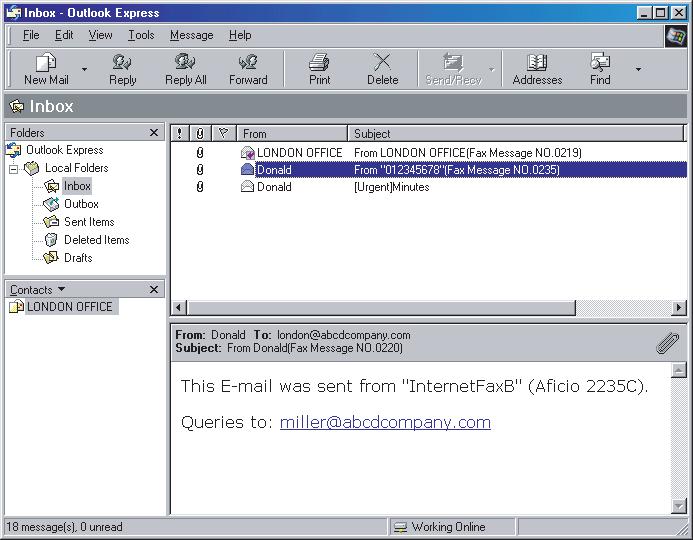 3. Recepção Imagens recebidas Eis um exemplo de um documento Internet Fax enviado a partir deste equipamento e recebido num computador utilizando a aplicação de e-mail Outlook Express.