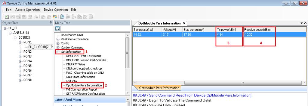 Clicar no menu (1) Config e depois no submenu (2) ONU Optical Compensation.