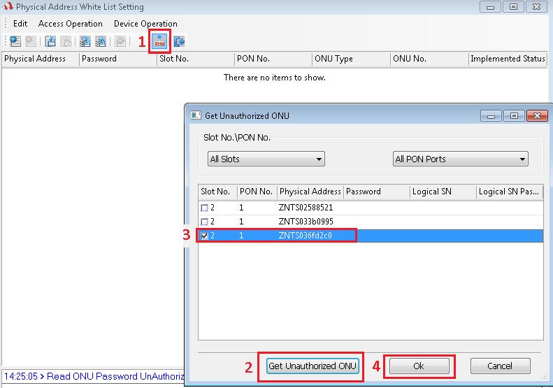 Após clicar ONU Physic_IDaddress Whitelist será aberto uma nova janela onde será possível visualizar as ONUs: Clicar