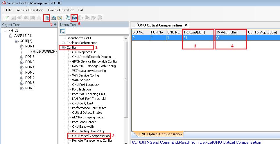 Clicar com o botão direito do mouse na ONU desejada (3) e depois em (4) Service Config Management. Após este procedimento será aberto uma nova janela.