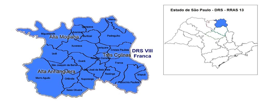 Introdução 18 Figura 5. Localização do Departamento Regional de Saúde de Franca - DRS VIII no Estado de São Paulo e mapa dos 22 municípios com as Regiões de Saúde.