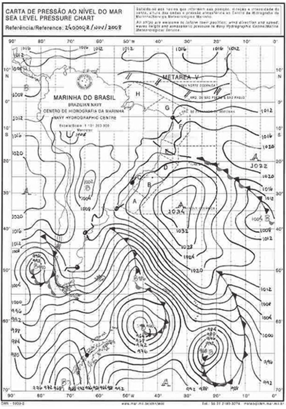 Análise das condições sinóticas de eventos de ondas de tempestade no litoral norte fluminense Ainda sobre a Figura 11, aponta-se a ocorrência de cinco centros de baixa pressão no Atlântico: o 1º com