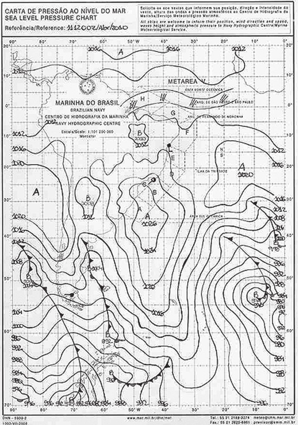 Análise das condições sinóticas de eventos de ondas de tempestade no litoral norte fluminense 275 Figura 18. Carta Sinótica representativa das 12hs do dia 11/04/2010.