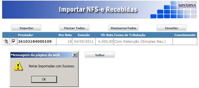 A tela para informação dos períodos desejados é exibida após clicar na opção Importar NFS-e, informe o período e clique em consultar.