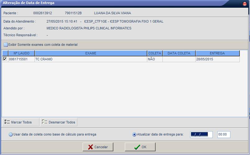 Na guia é possivel alterar a data de entrega do exame clicando em.
