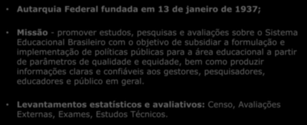 INEP Autarquia Federal fundada em 13 de janeiro de 1937; Missão - promover estudos, pesquisas e avaliações sobre o Sistema Educacional Brasileiro com o objetivo de subsidiar a formulação e