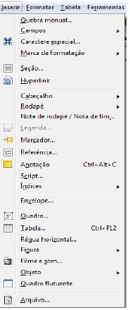 Menu INSERIR Este menu possibilita a inserção de vários elementos em um documento, possibilitando a insercao de varios elementos em um documento, tais