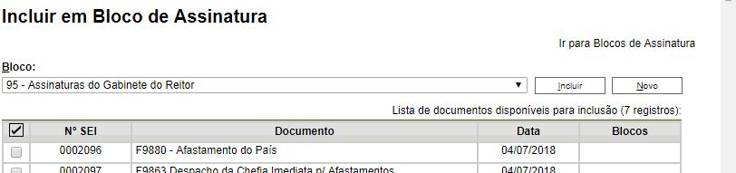 Em seguida, no canto superior direito, clique em Ir para Blocos de Assinatura (seta verde).