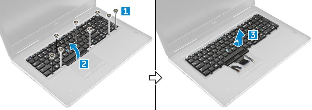 a Remova os parafusos M2.0x2.5 que prendem o teclado ao computador [1]. b Levante e deslize o teclado para removê-lo do computador [2, 3].