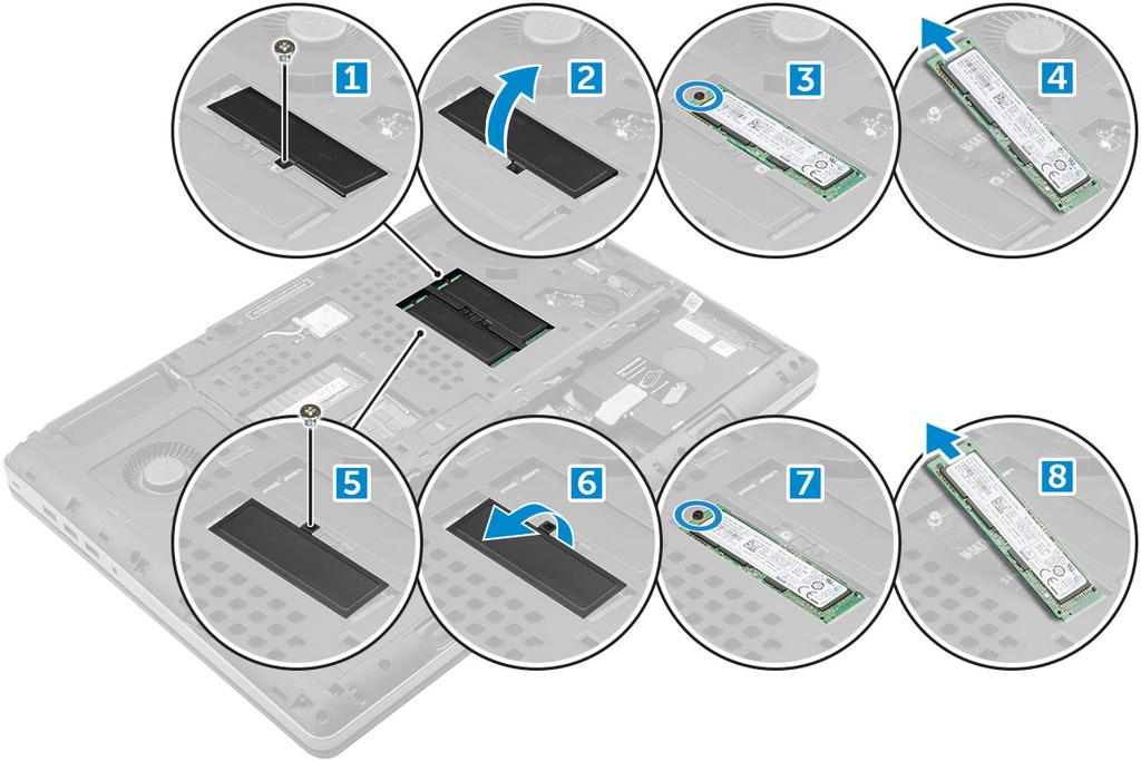 d Remova a SSD do computador. Como instalar o módulo SSD M.2 1 Coloque a SSD em seu slot. 2 Recoloque o parafuso M2,0x3,0 para prender a SSD ao computador. 3 Coloque a placa térmica na SSD.