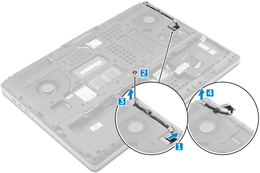 Como instalar a porta do conector de alimentação 1 Recoloque o cabo do conector de alimentação no computador. 2 Passe a antena pelo canal de roteamento. 3 Recoloque o suporte.