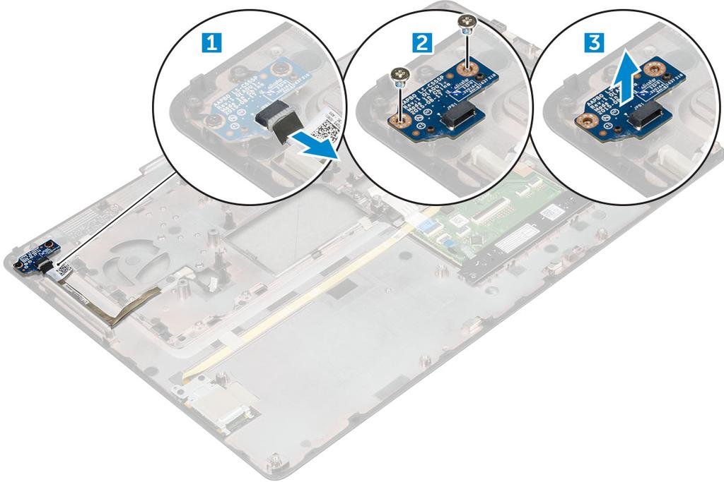 Placa da chave liga/desliga Como remover a placa da chave liga/desliga 1 Siga o procedimento descrito em Antes de trabalhar na parte interna do computador.