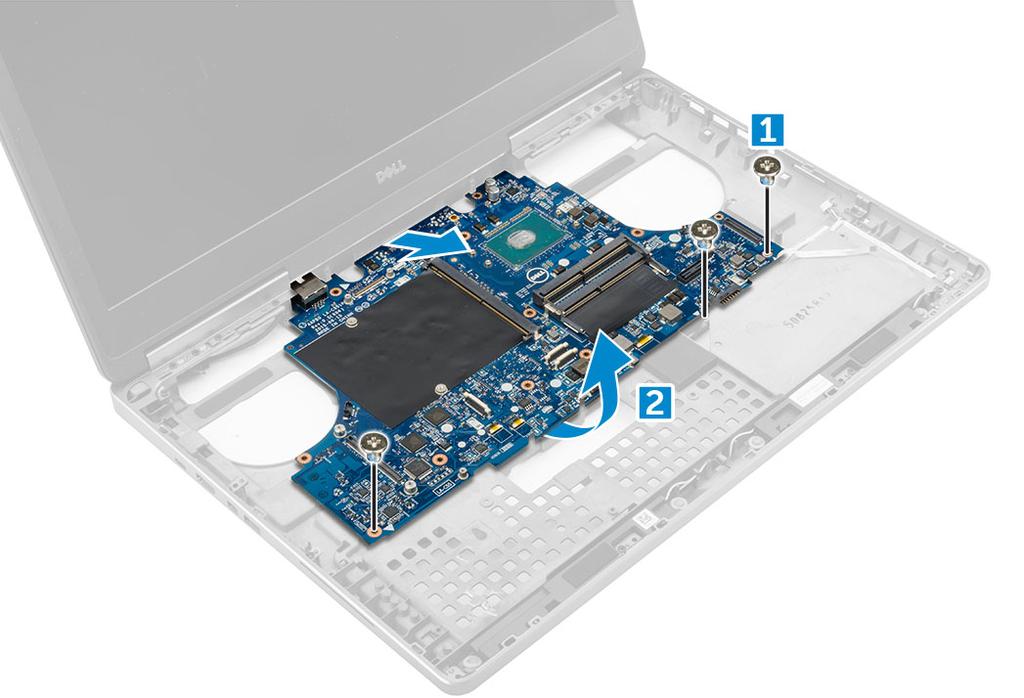 4 Para remover a placa de sistema: a Remova os parafusos M2,5X5,0 que prendem a placa de sistema [1]. b Deslize e levante a placa de sistema do computador [2].