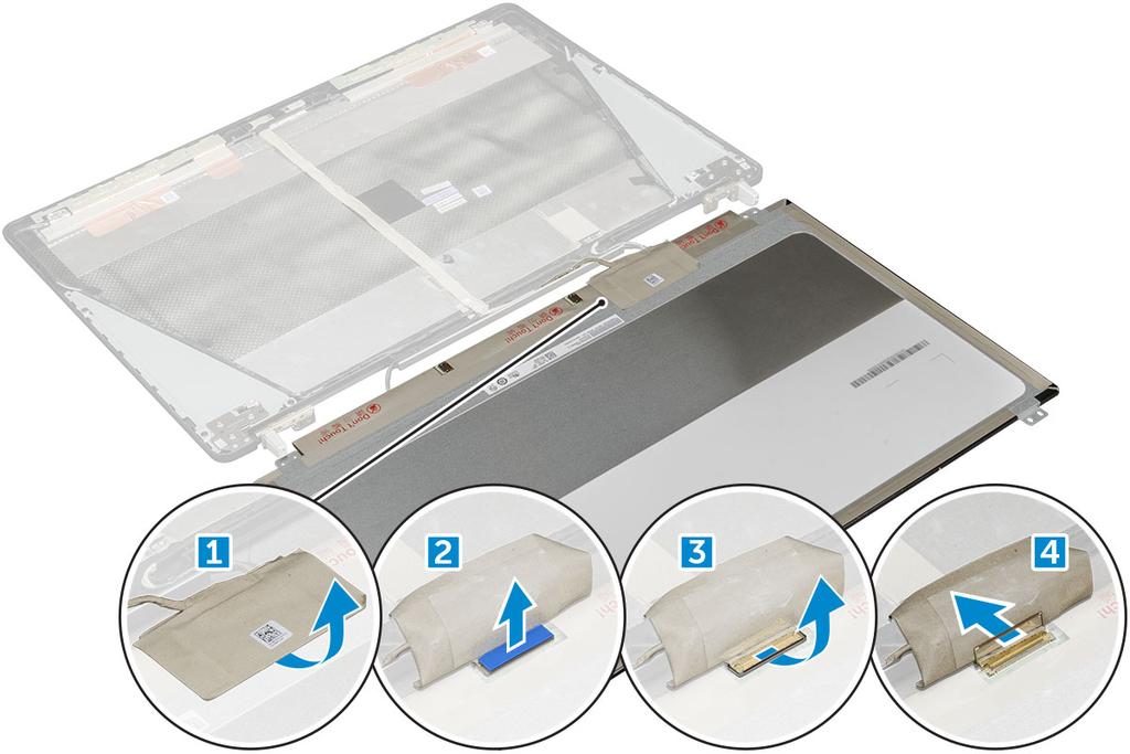 Como instalar o painel da tela 1 Para instalar o painel da tela: a Conecte o cabo edp ao conector na parte traseira do painel da tela e fixe a fita adesiva.