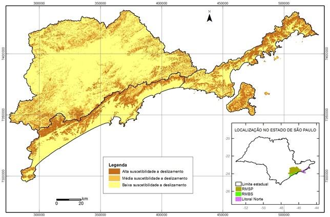 5. RESULTADOS Incidência de áreas suscetíveis a deslizamento: Abrangência Região Alta Média Baixa Total km 2 % km 2 % km 2 % km 2 Área municipal Área urbanizada RMSP 822,58 10,35 1.634,35 20,56 5.