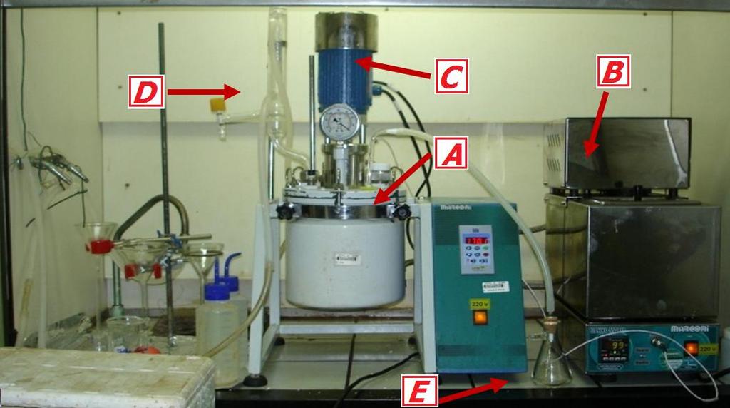 Experimental Figura 23 - Reator encamisado A ; banho termostatizado B ; rotor de agitação mecânica C ; condensador D ; sistema para retirada de alíquotas E.