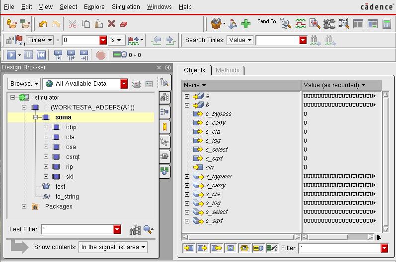 A interface do simulador é aberta. Selecionando-se o top (TESTA_ADDERS(A1)) tem-se os sinais da entidade, os quais podem ser enviados para uma waveform, clicando no local indicado.
