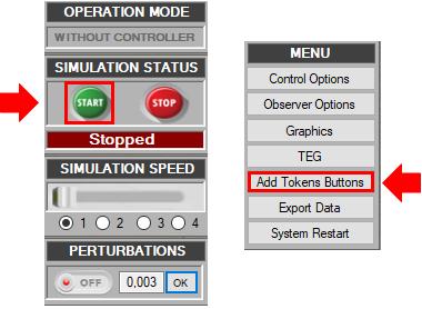78 Capítulo 5. Experimentos com o Simulador Figura 28 Menus da tela inicial onde à direita o usuário adiciona fichas de permissão aos botões e à esquerda inicia a simulação. 5.3.