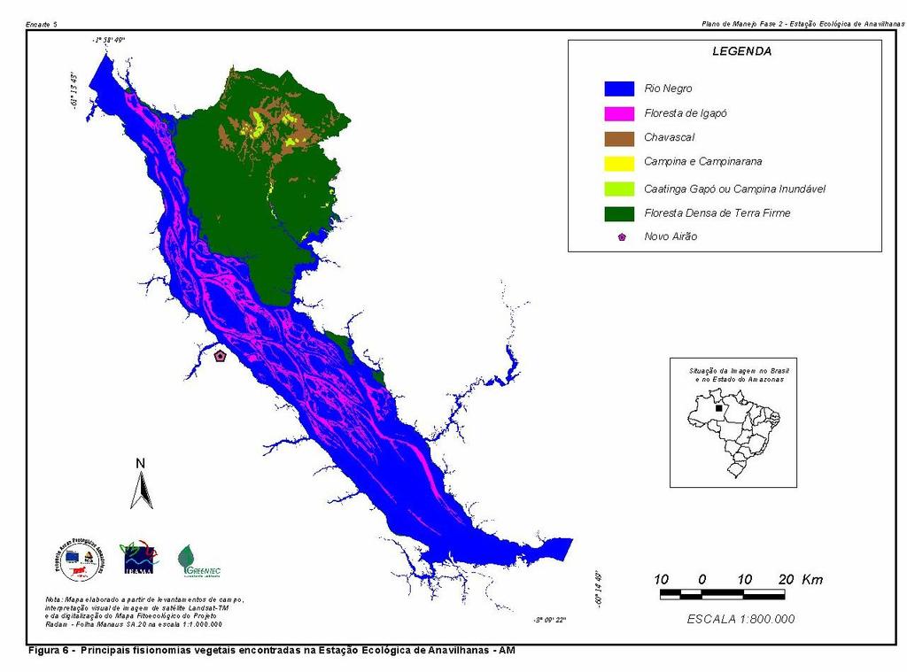 8 A Estação Ecológica de Anavilhanas apresenta uma rica diversidade de ecossistemas (Figura 5). As principais fisionomias vegetais encontradas são: florestas de Igapó (Figura 14.