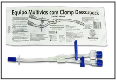 h) Equipo Multivias Sua principal função e duplicar o acesso venoso, conectando 2 vias de infusão, para administração simultânea de medicamentos/soluções.