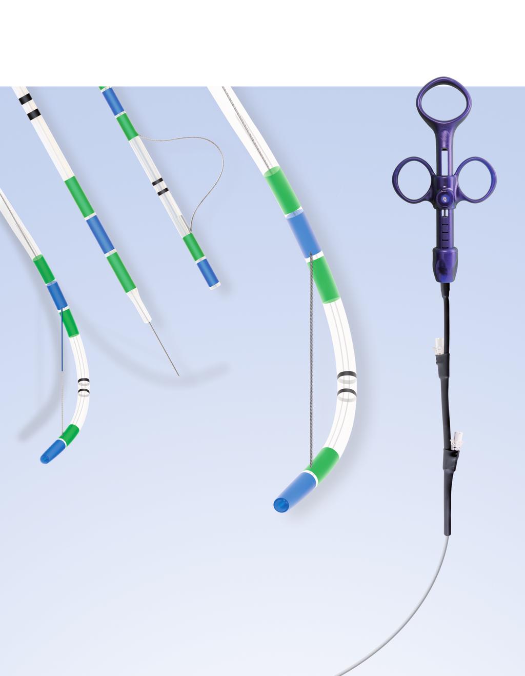 Papilótomos Uso único Papilótomos Ponta giratória Orientação e posicionamento preciso Versões 2 e 3 lúmens Injeção de médio contraste enquanto fio guia posicionado Fio de corte