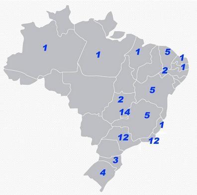 Figura 1. Número de membros oficiais da REBRATS por Estado. Maio 2014. Fonte: REBRATS 2014 A REBRATS é composta por 71 instituições, estando presente em todas as regiões do Brasil (Figura 1).