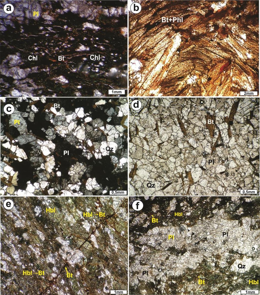Figure 5.4: Mineralogical features and textures of metavolcanic and metasedimentary rocks: a) Biotite-chlorite schist showing plagioclase and chlorite crystals.