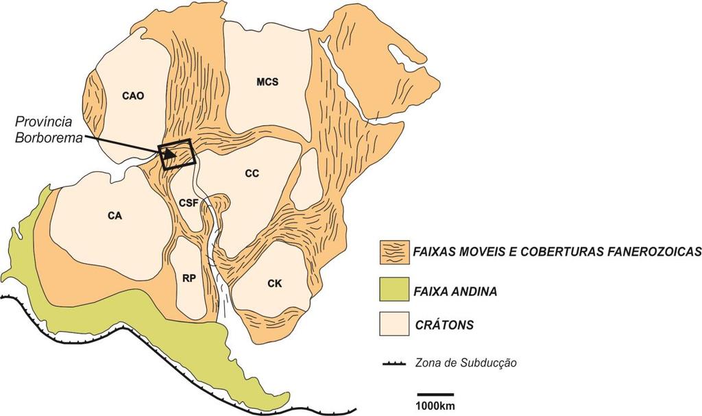 Figura 2.1: Contexto dinâmico do Gondwana Ocidental na fase pré-drift exibindo as Faixas móveis bordejando os Crátons (Modificado de Cawood, 2005; Gray et al.,2007).