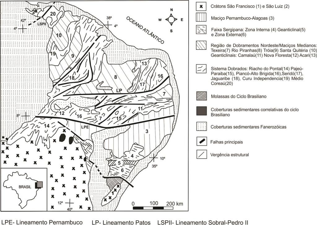 Figura 2.2: Arcabouço simplificado da Província Borborema (Compilado de Brito Neves, 1975). Alicercados em critérios geoquímicos e estruturais, outros autores como Vauchez et al.