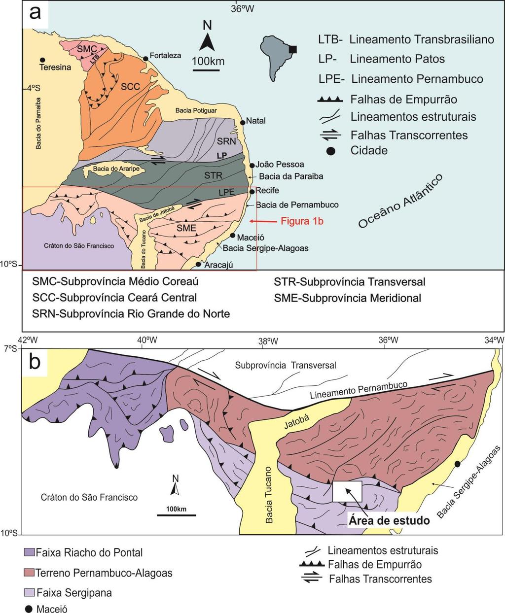 Figura 3.1: (a) Província Borborema exibindo principais subprovíncias com destaque para a área de estudo na Subprovíncia Meridional.