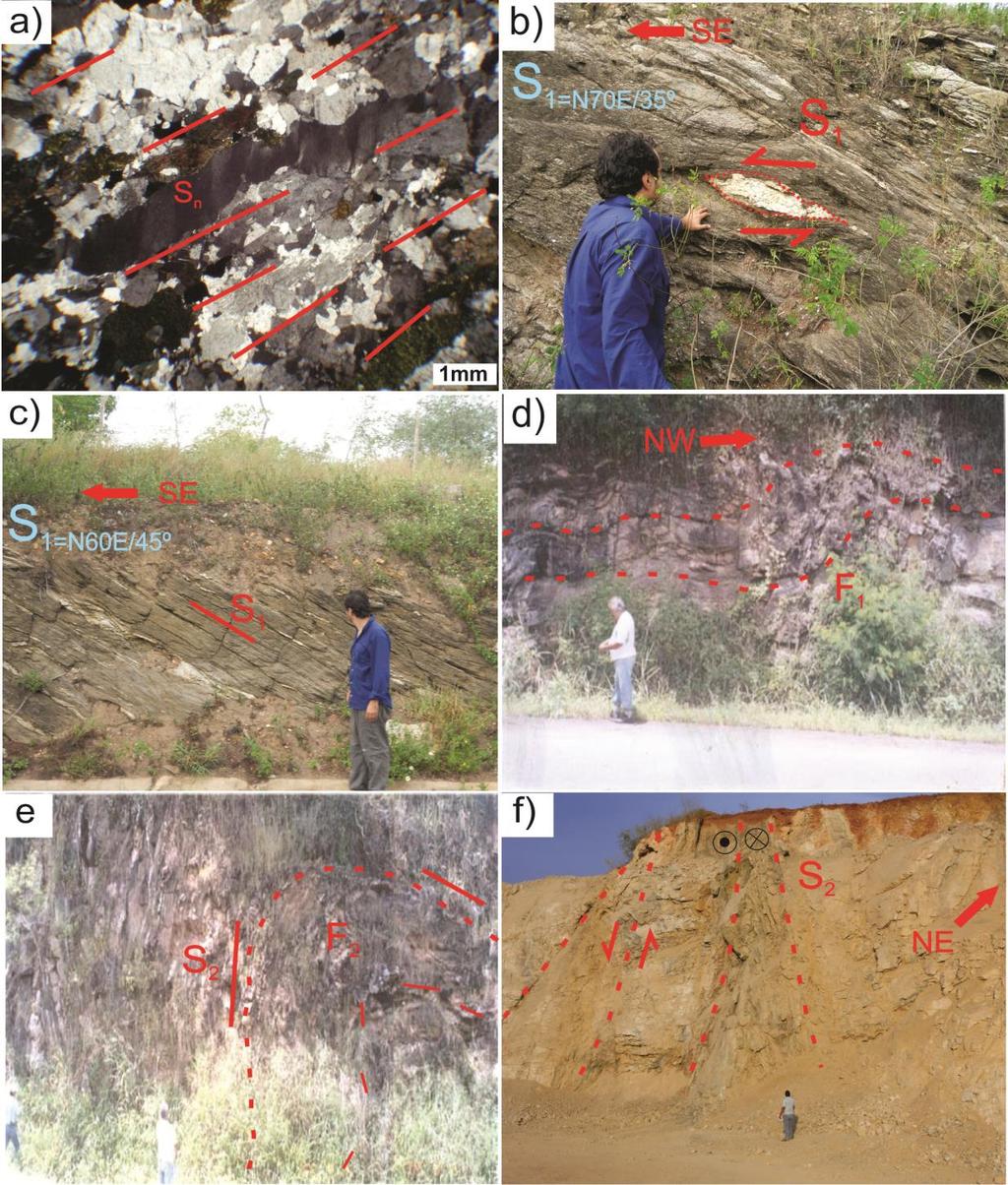 Figura 3.4: Feições de campo e petrográficas. a) Foliação metamórfica impressa em ortognaisse do embasamento Jirau do Ponciano.