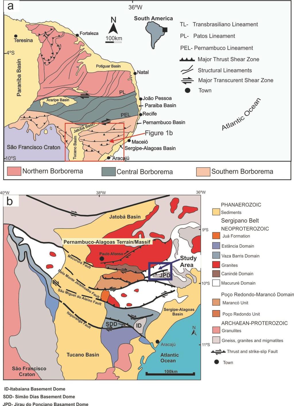 Figure. 4.1: a) Schematic geological map displaying the main tectonic units of the Borborema Province (modified from Brito Neves et al., 2000).