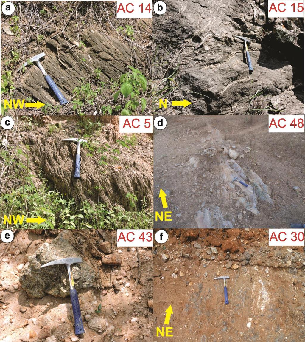 Figure.4.3: Field features of the Araticum Complex. a) garnet-biotite gneiss quartzo-feldspar with 35 low angle foliation exhibiting tangential tectonics with dip to NW.