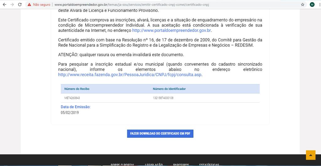 Será gerado o seu comprovante com todos os dados da empresa.