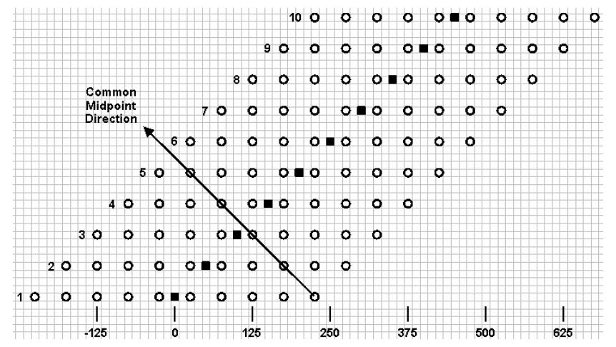 Na Figura 2 é possível fazer a ilustração de um levantamento sísmico sintético com arranjo Split-spread.