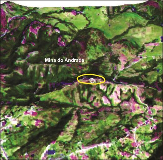 Foto e Imagem Google Composição Colorida e Visão 3D 106 O geossítio Mina do Andrade (Quadro 23) é uma área que já foi minerada, localizada no morro que leva o