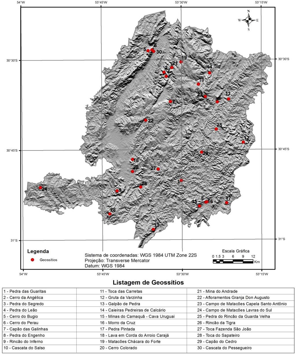 62 A figura 11 mostra o relevo sombreado com a localização dos geossítios onde pode observar a compartimentação e o padrão de relevo existente na área do projeto. Figura 11 Relevo Sombreado.