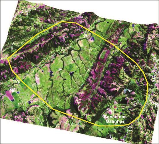 Vista da porção central do Capão das Galinhas; d) Visão geral do entorno com uso do Google TM Earth Pro.