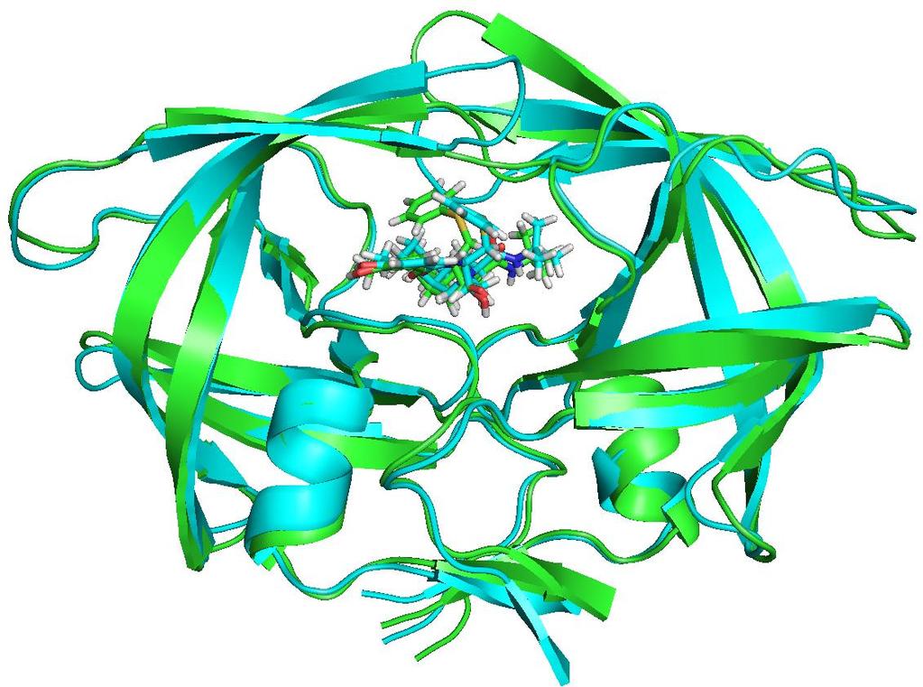 54 Figura 24: Sobreposição da estrutura da protease do HIV-1 com a mutação D30N_I84A_M46I (em azul) e com a tripla mutação D30N_I84A _M46I (em verde).