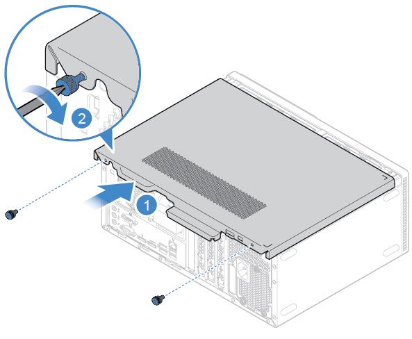 3. Volte a colocar a cobertura do computador. Figura 88. Voltar a colocar a cobertura do computador 4. Coloque o computador numa posição vertical. 5.